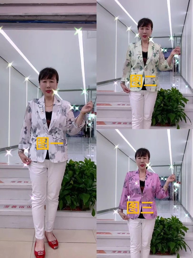 薄款印花七分袖时尚西装外套夏季休闲中年女装显瘦