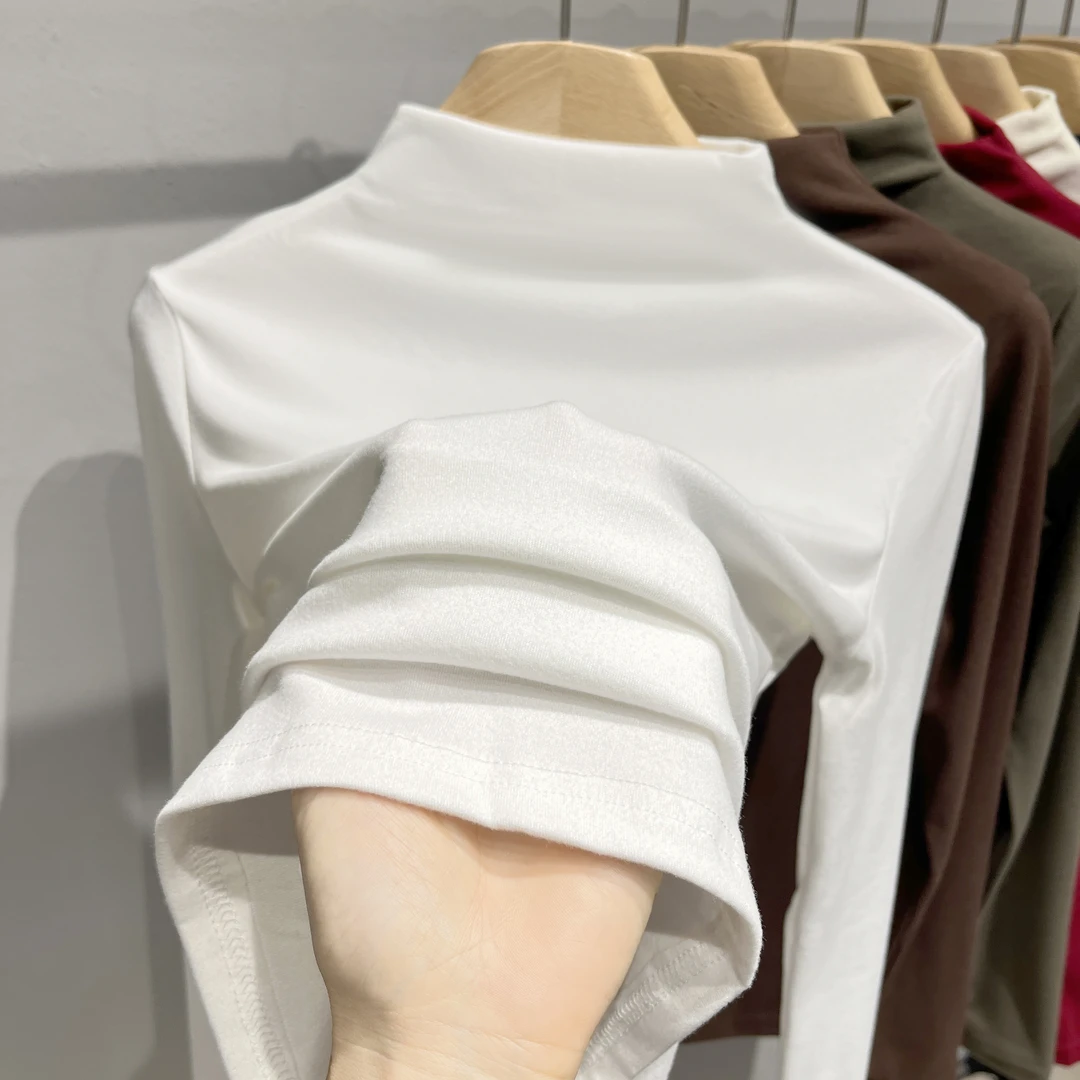 秋冬T恤女内搭长袖上衣百搭纯色半高领高档打底衫女新款小衫修身