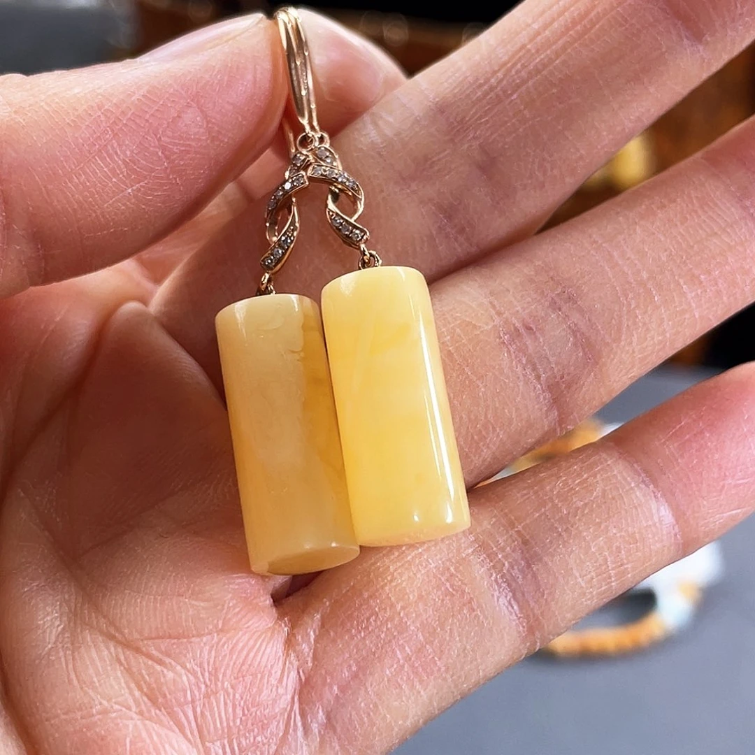 琥珀耳饰18K金镶嵌蜜蜡耳坠