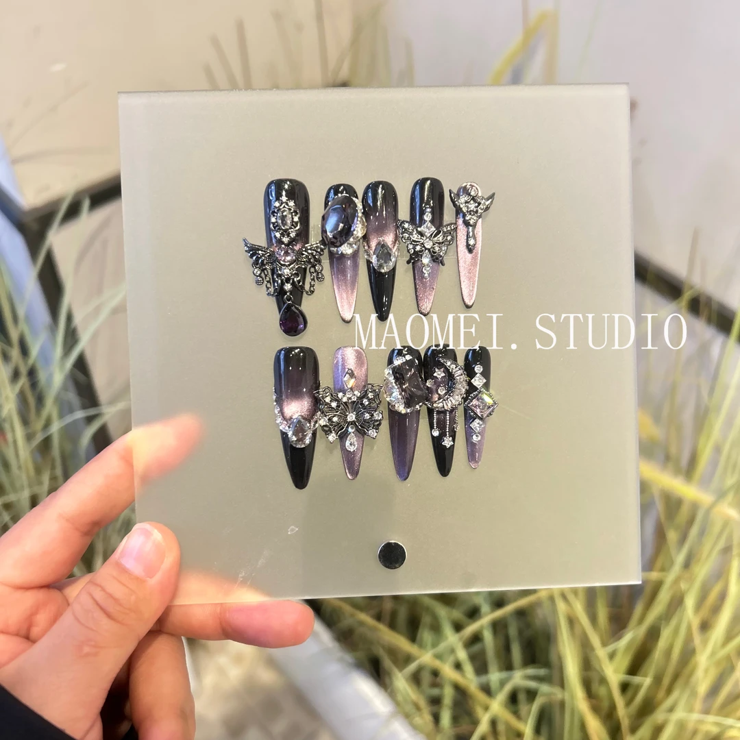 【石矶娘娘】猫妹穿戴甲 设计师款紫色御姐风猫眼显白手工穿戴甲