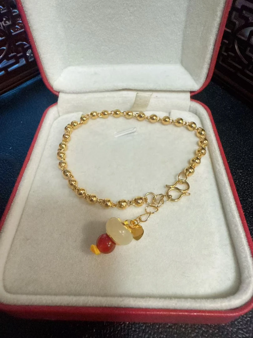 足金999镶嵌和田玉DIY新品光珠手链 飘花