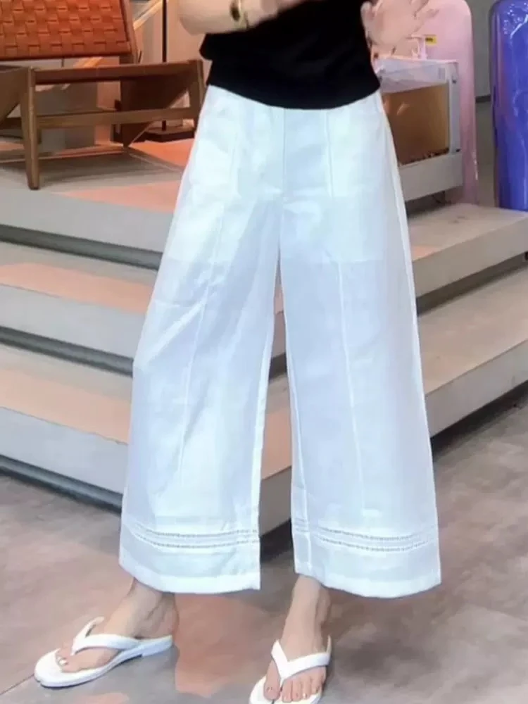 【钰姐精选】欧美3176-薄款夏季透气八分裤休闲白色百搭阔腿裤宽松