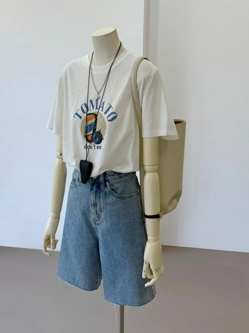 【度假时光】韩系气质夏季新款印花T恤上衣搭配高腰蓝色牛仔短裤女