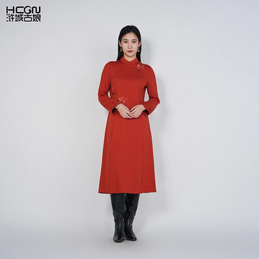 秋冬中国风刺绣长款修身显瘦气质百搭通勤清韵连衣裙HASS010018