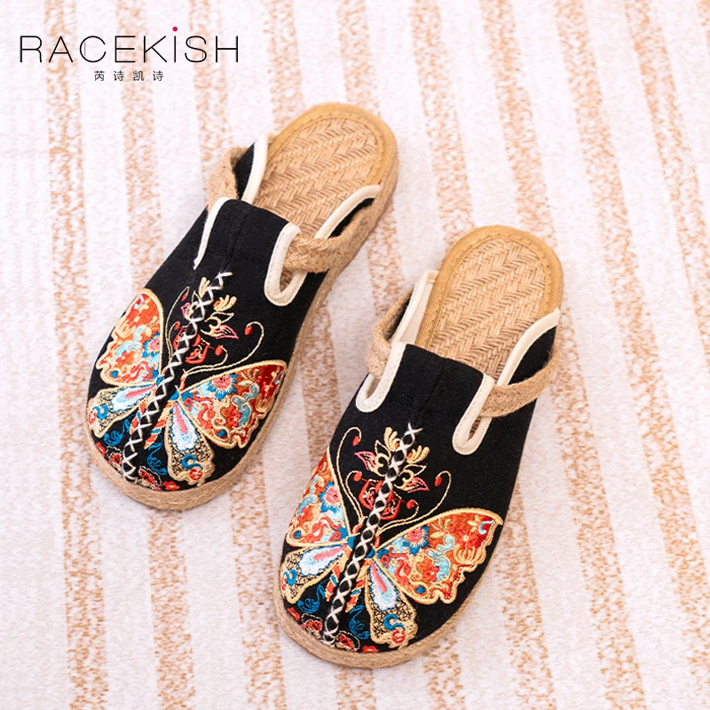 Racekish黑色绣花凤蝶布拖鞋2款时尚民族风个性复古休闲平底拖鞋