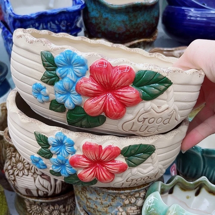 多肉绿植陶瓷花盆9.9包邮，有孔