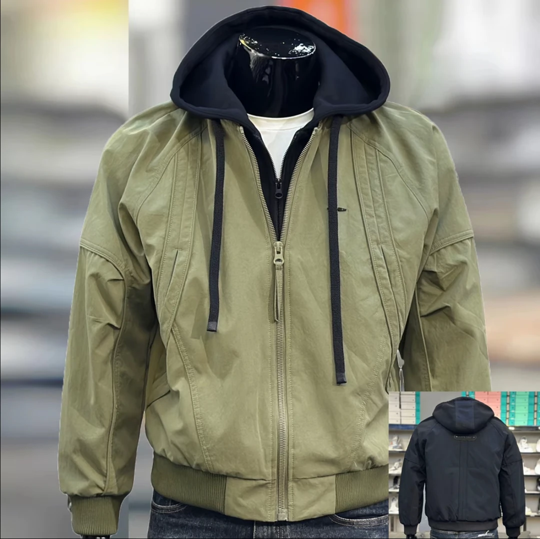 冬季男款羽绒服绿色户外连帽夹克落肩防风假两件冲锋羽绒服外套男