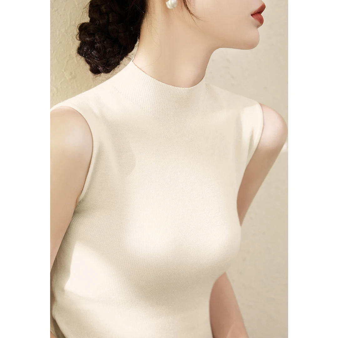 2025年夏季新款女装修身半高领莱赛尔天丝无袖针织衫纯色打底上衣