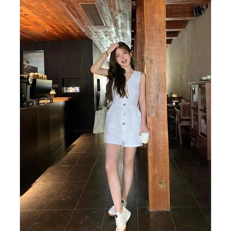 韩系老钱风亚麻连体裤女2025夏小个子显高设计感白色棉麻拼接裤子