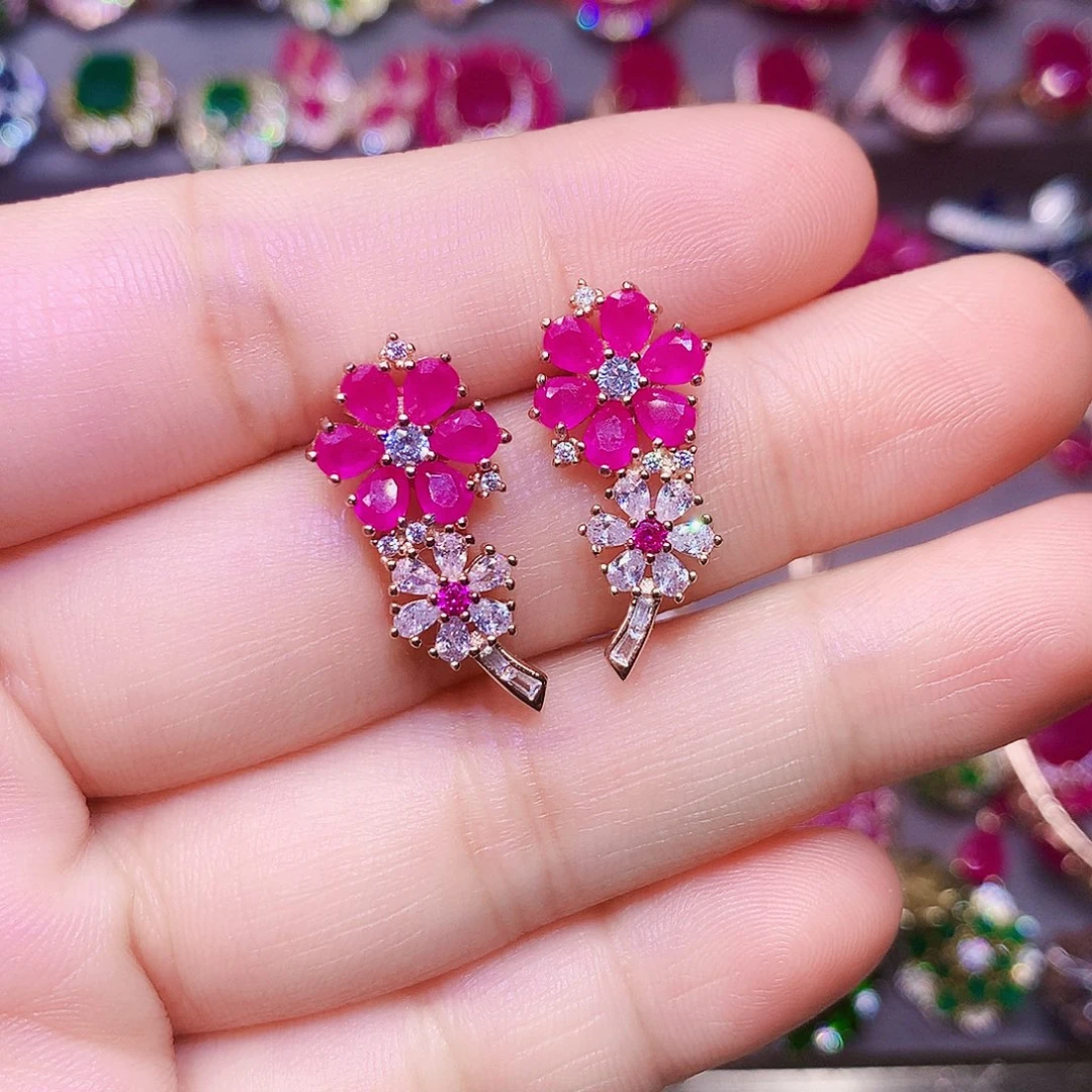 银S925镶嵌耳饰红宝石