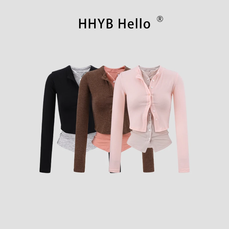 HHYB Hello拼色设计感双门襟假两件T恤圆领长袖针织开衫250454