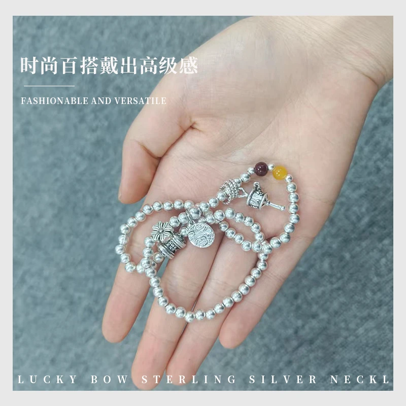 合金手链 时尚设计通用女银色气质叠戴双圈手链手工手串串珠ins
