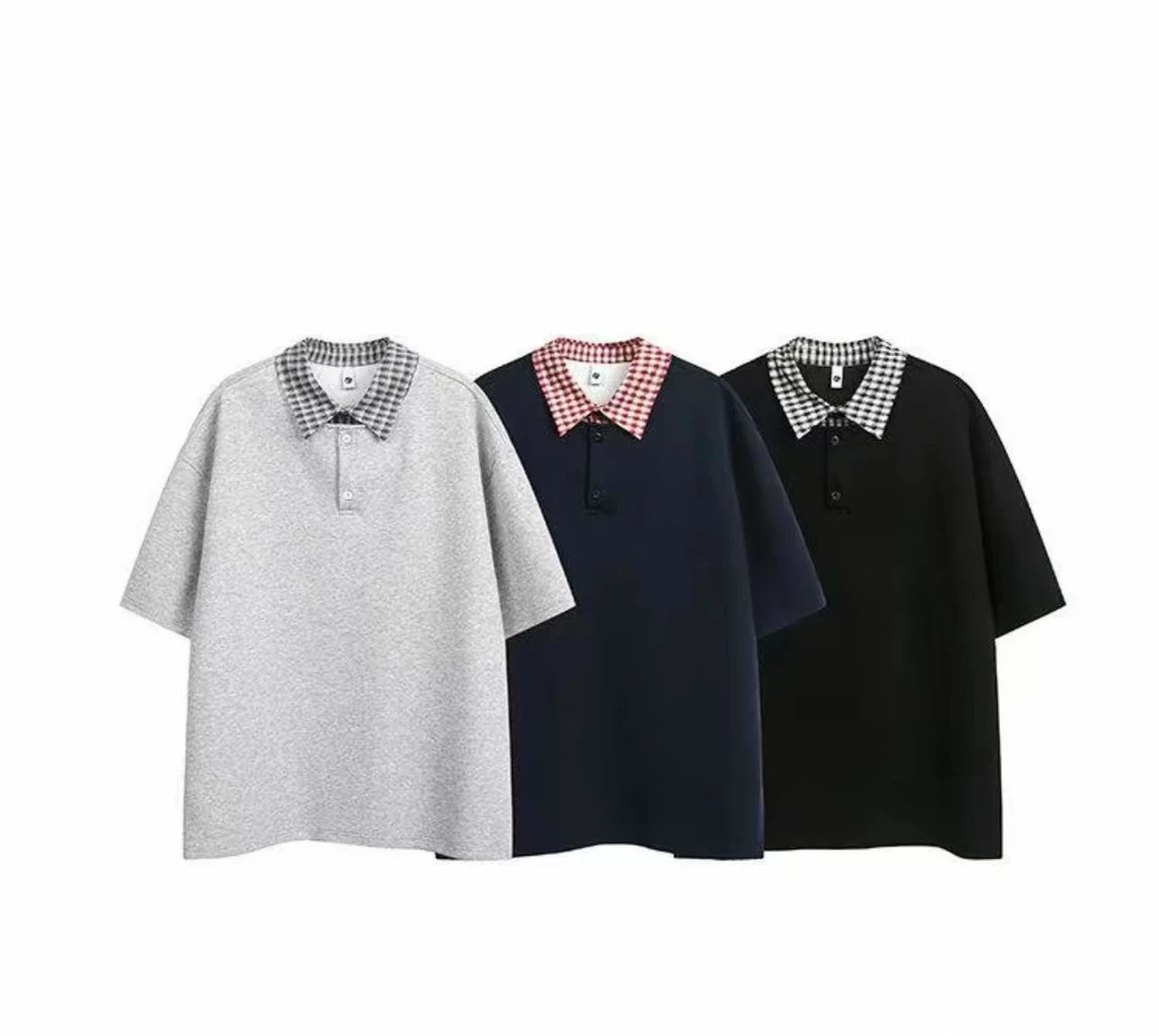 ACOK美式复古拼接假两件 POLO衫短袖夏季格子领翻领简约宽松T恤