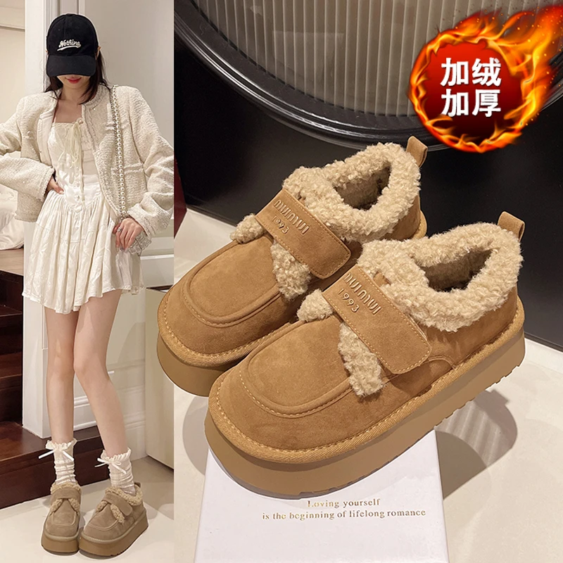 字母厚底勃肯鞋女2025秋冬新款毛毛鞋外穿魔术贴乐福鞋加绒棉鞋子