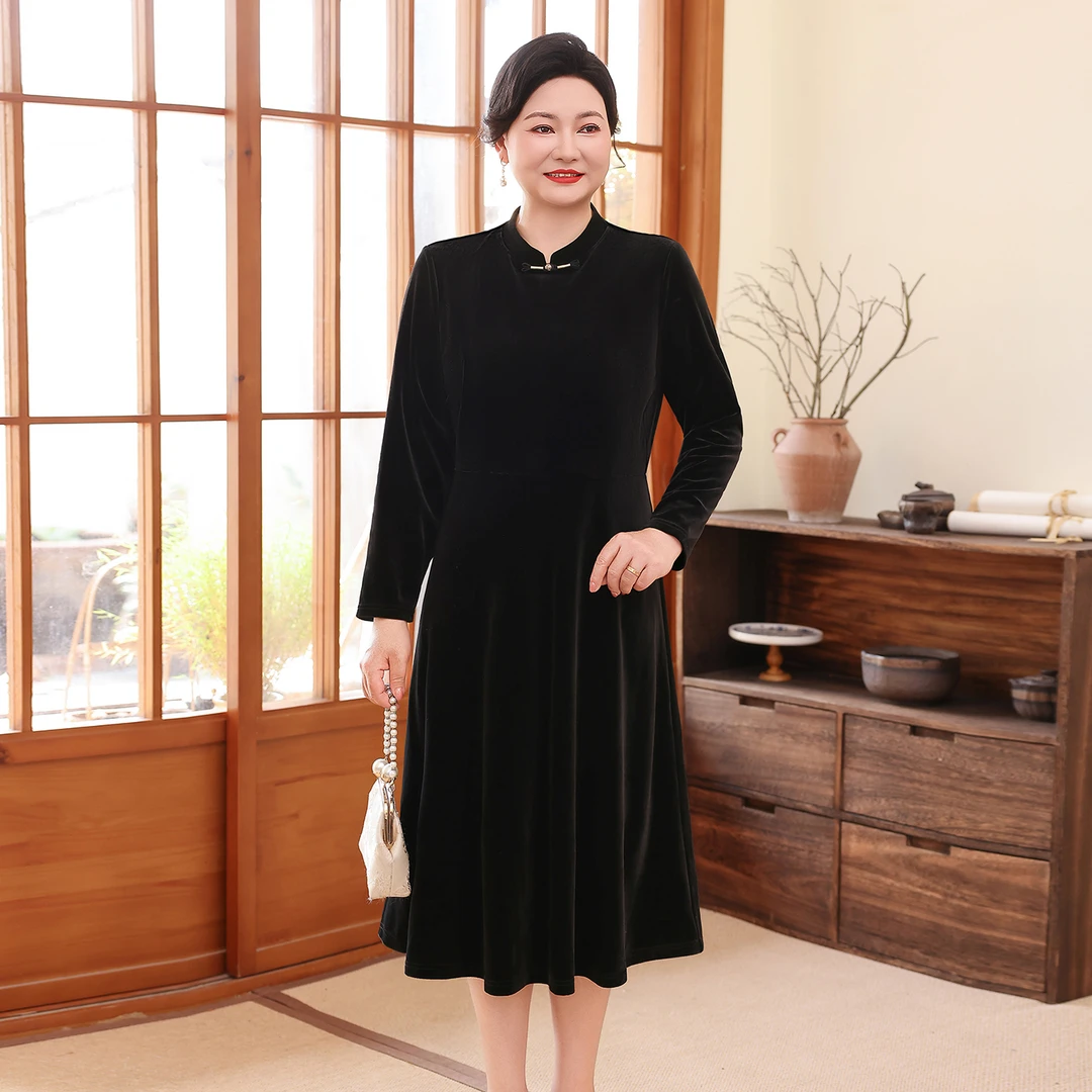 中老年女装丝绒连衣裙中式坎肩套装妈妈秋装复古气质奶奶装两件套