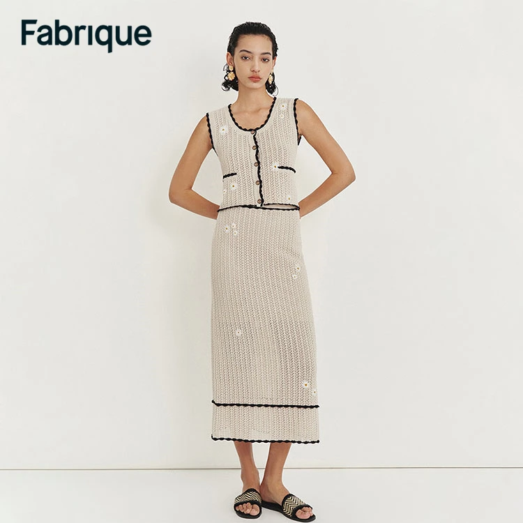 【Fabrique】新款棉麻小雏菊套装针织度假法式背心半裙套装女