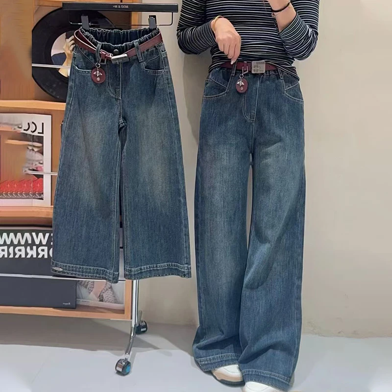 女童秋季牛仔裤2025时尚百搭洋气阔腿裤青少年休闲风宽松直筒裤潮