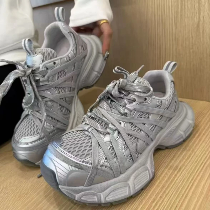 欧洲站网面厚底老爹鞋女2025秋季新款增高透气圆头小众运动休闲鞋