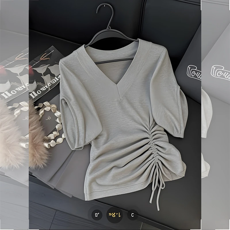 法式v领短袖t恤女夏季新款百搭收腰褶皱系带衬衫今年流行减龄上衣