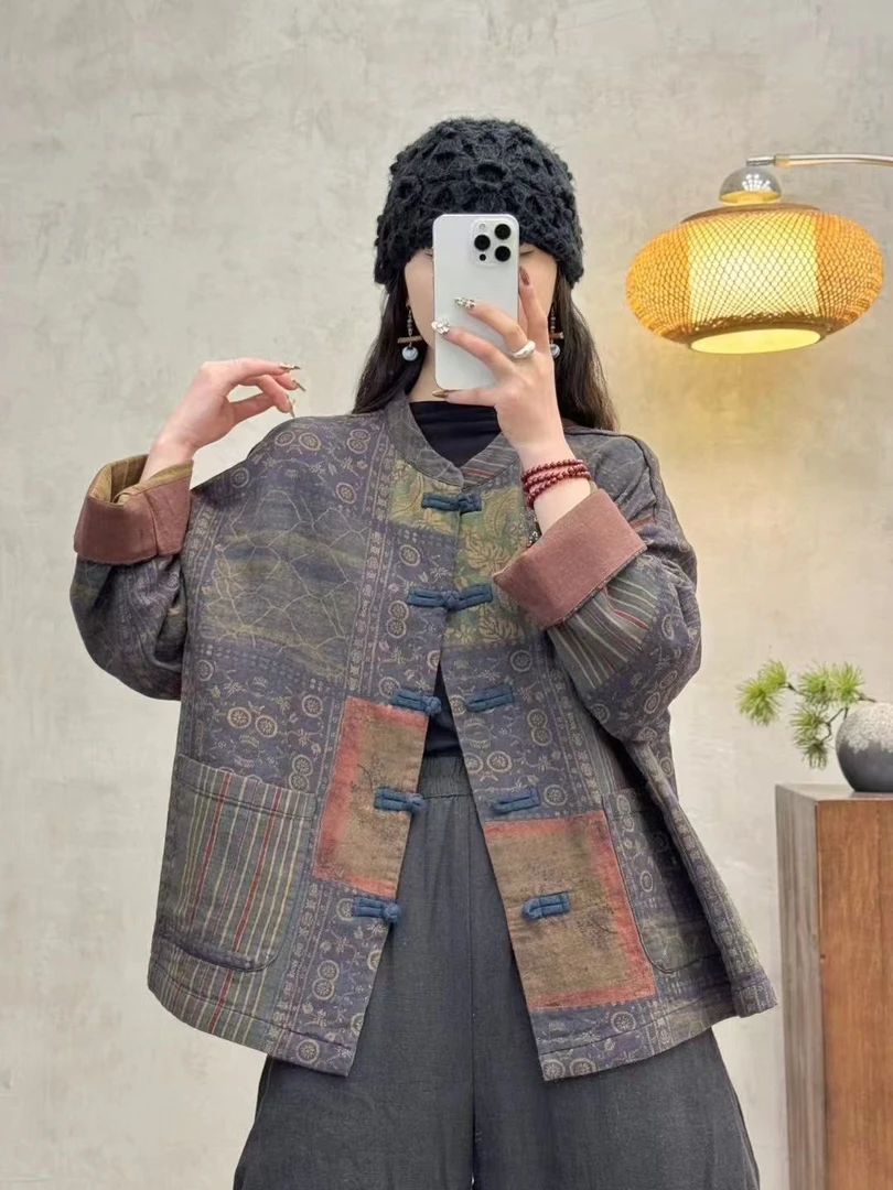 8689新款春秋季复古宽松百搭时尚短款文艺上衣女印花休闲长袖外套