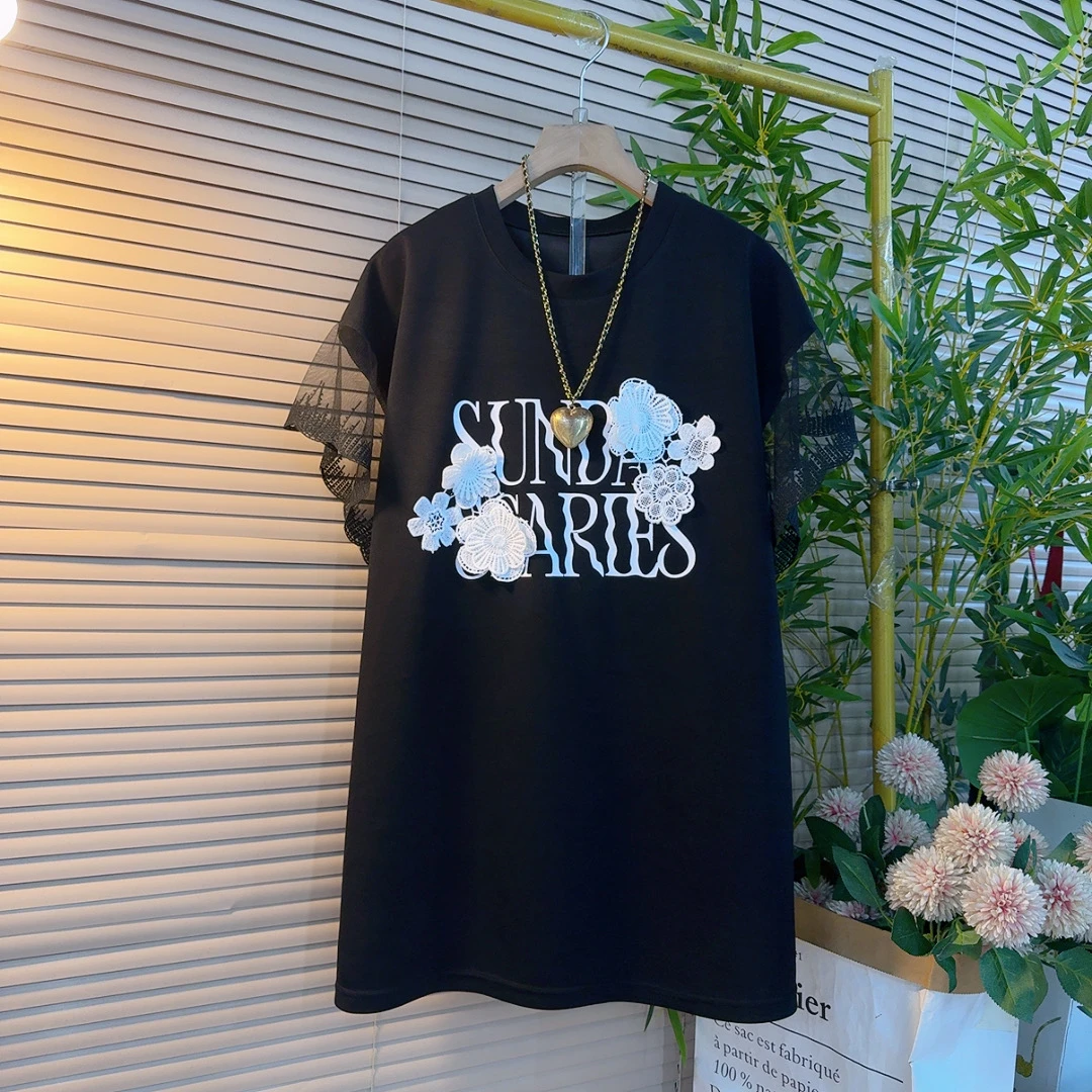 2548胖mm欧货夏季中长款设计感圆领立体花朵蕾丝袖减龄显瘦连衣裙