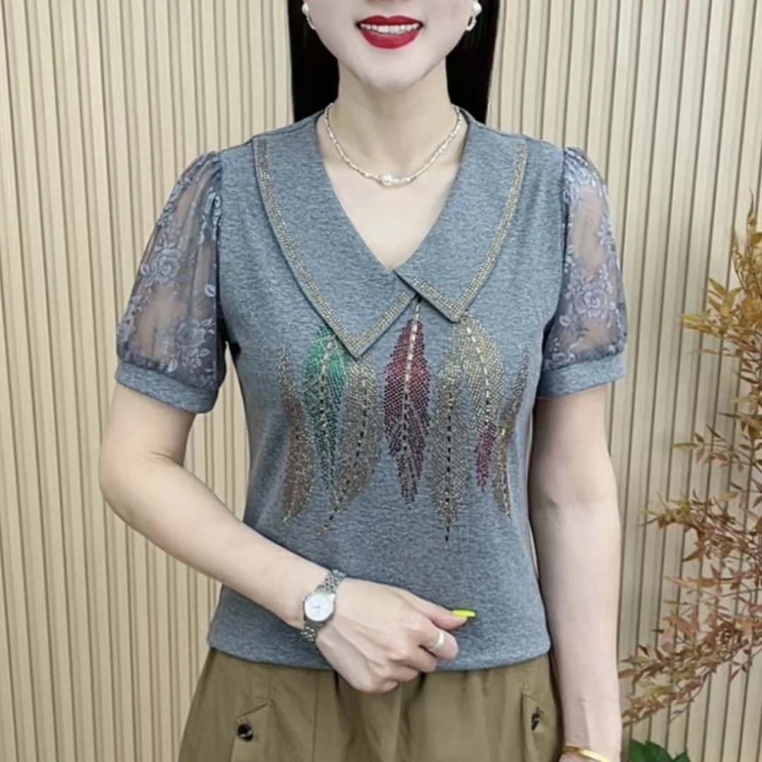 夏季新款时尚洋气不规则翻领烫钻t恤气质显瘦女士短袖上衣M9989