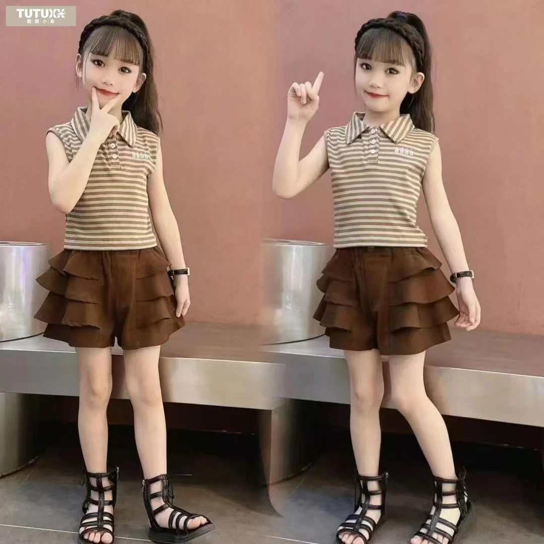 图图小象女童夏装儿童套装中大童两件套条纹洋气短袖上衣裤裙短裤