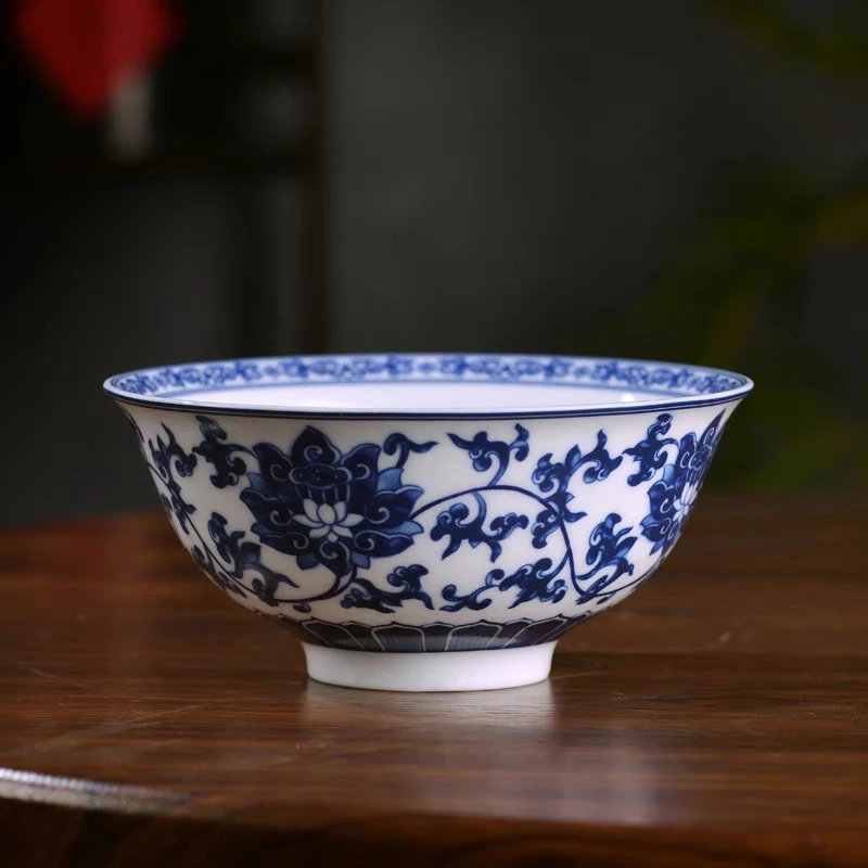 景德镇高温釉下彩陶瓷餐具中式家用饭碗复古青花瓷大面碗缠枝莲碗