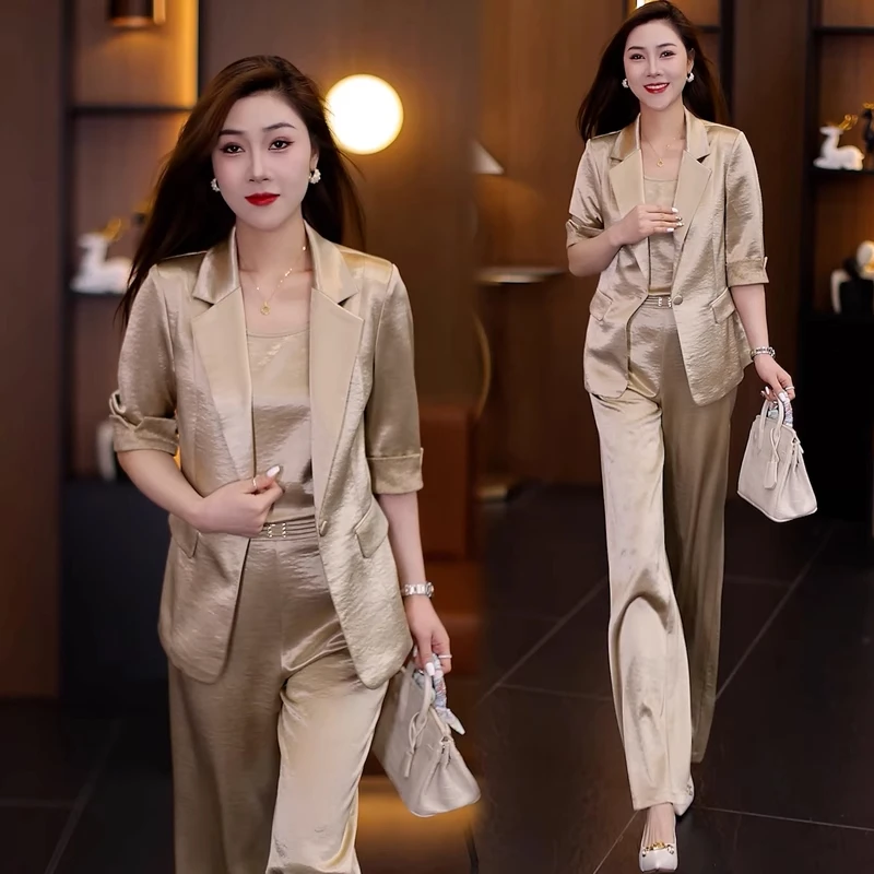 西装套装女2025年夏季新款高级感薄款天丝缎面时尚垂感西服三件套