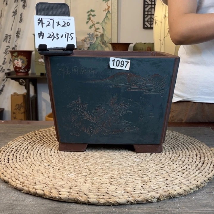 紫砂花盆 放漏精品紫泥莫若粉浆刻绘大四方1097
