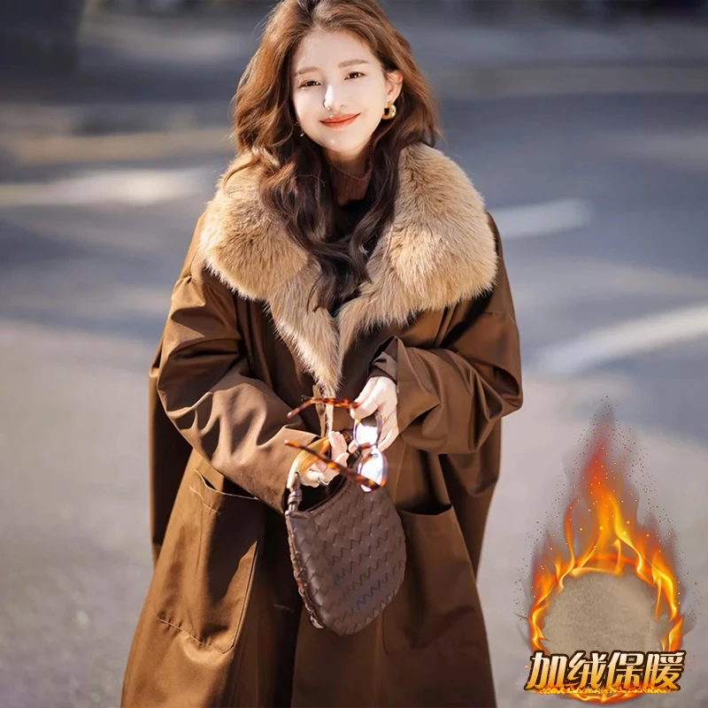 派克服中长款2025秋冬新款翻领毛毛外套时尚保暖宽松大衣女洋气