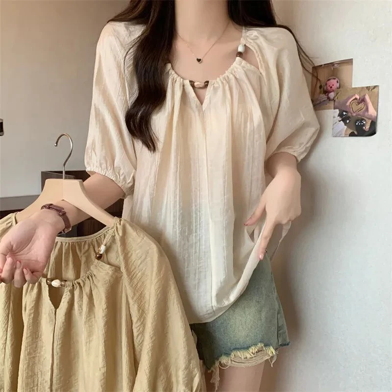 大码女装法式短袖衬衫新款夏季胖mm宽松显瘦小衫休闲雪纺减龄上衣