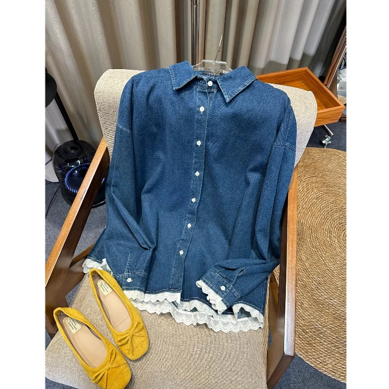 【MILU】[]春款洋气显瘦牛仔拼接蕾丝衬衫 1369