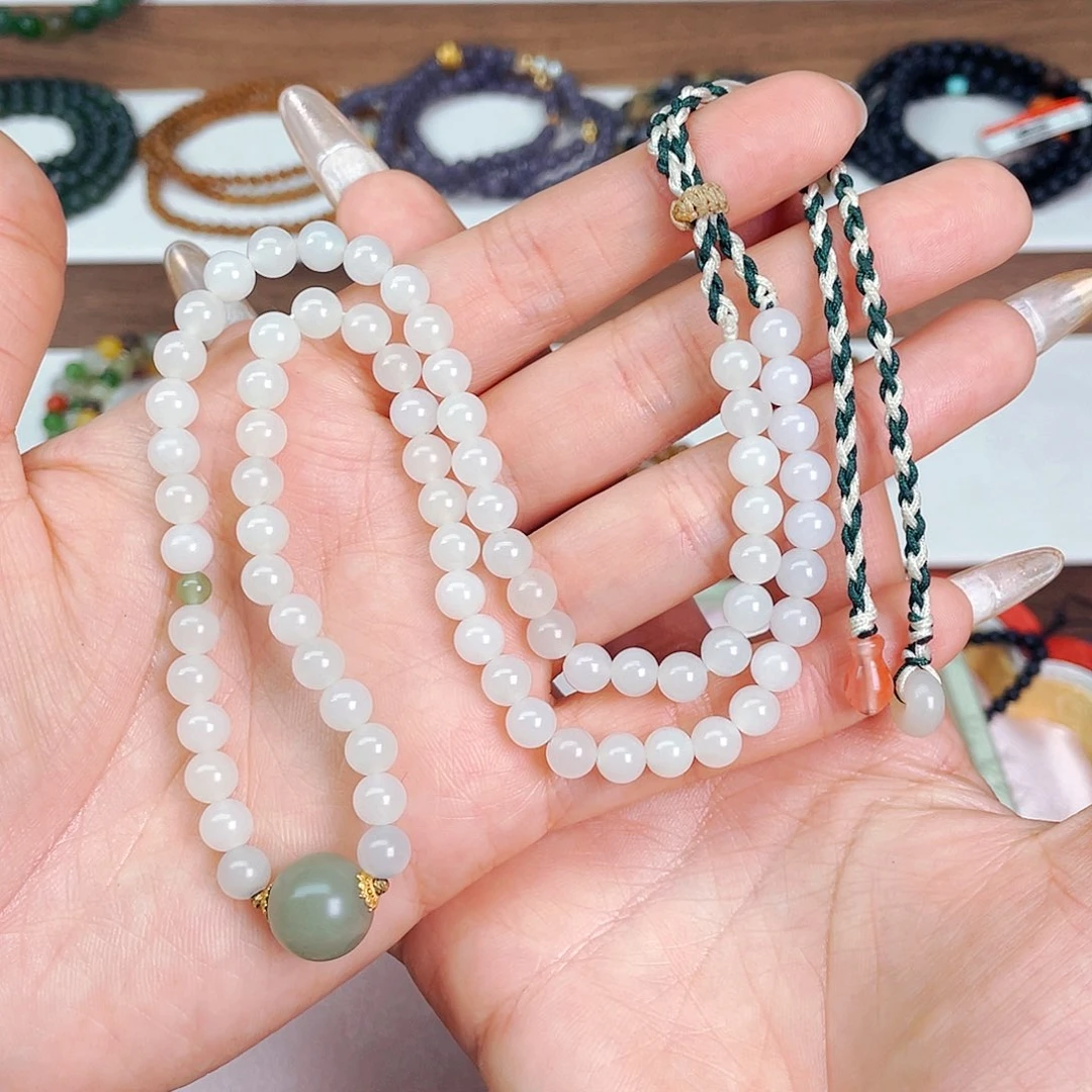 和田玉6mm白玉色标山流水项链未镶嵌