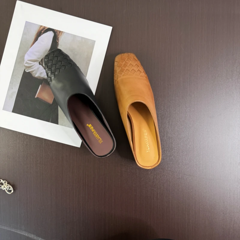 2025新款包头拖女粗跟中跟鞋时尚小方头半拖外穿凉拖编织H158-158