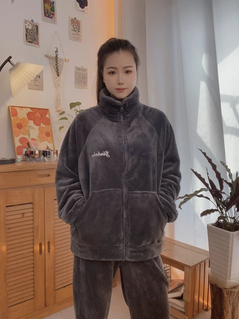 【美美】可外穿加绒加厚熊猫绒睡衣立领休闲纯色拉链套装运动家居服