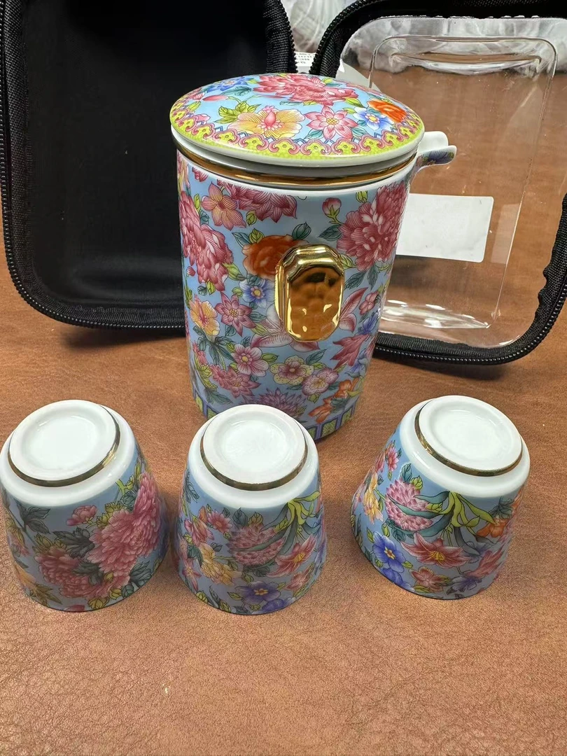 珐琅彩万花Tiffany蓝旅行茶具快客一壶三杯便携旅行套组-ZH1017
