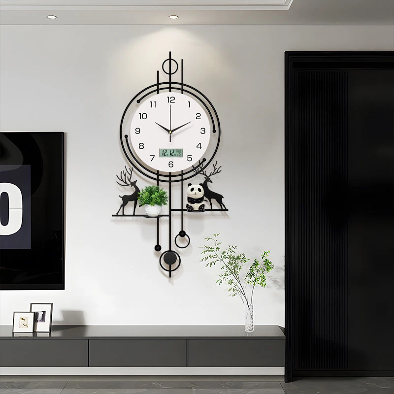 格栅挂钟客厅装饰钟表带日历万年鹿创意时钟挂墙新款大气家用挂表