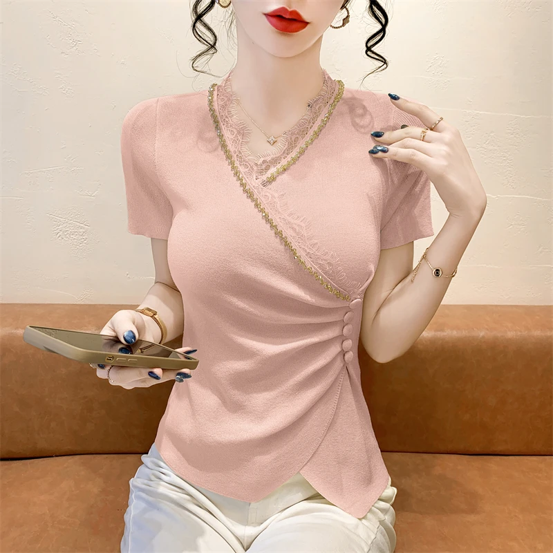 实拍夏季2025手工串珠设计感短袖t恤蕾丝V领正肩针织短袖女T恤