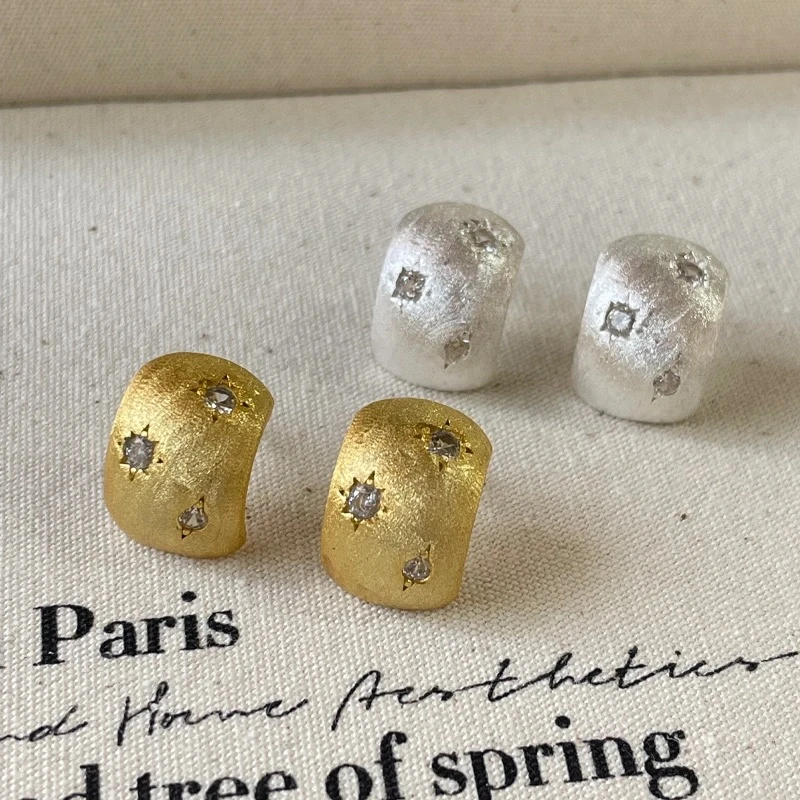 925银合成锆石耳饰 闪锆星芒磨砂拉丝耳钉时尚复古ins风耳饰3058