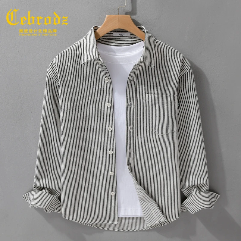 法国Cebrodz春秋季日系复古细条纹长袖衬衫男士简约休闲衬衣宽松