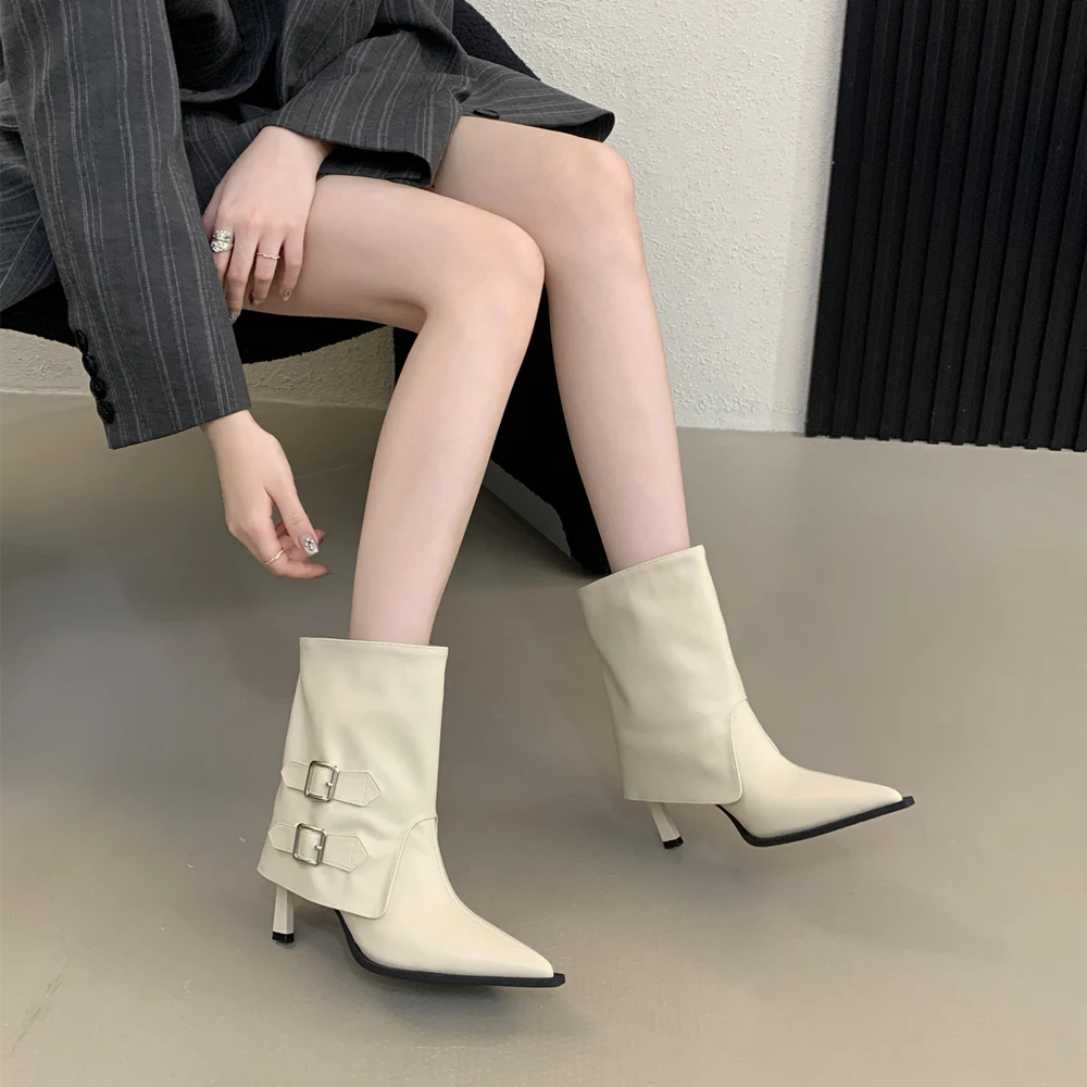 尖头高跟棕色短靴女2025秋冬新款单靴设计感小众皮带扣细跟裤管靴