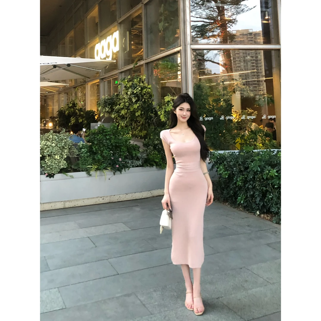 早秋温柔涟漪设计感小众针织绑带性感收腰连衣裙镂空包臀裙女6795