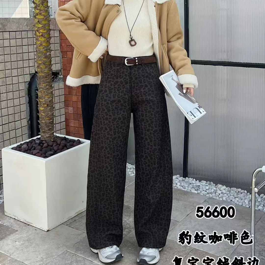 566豹纹加绒直筒休闲裤女秋冬裤
