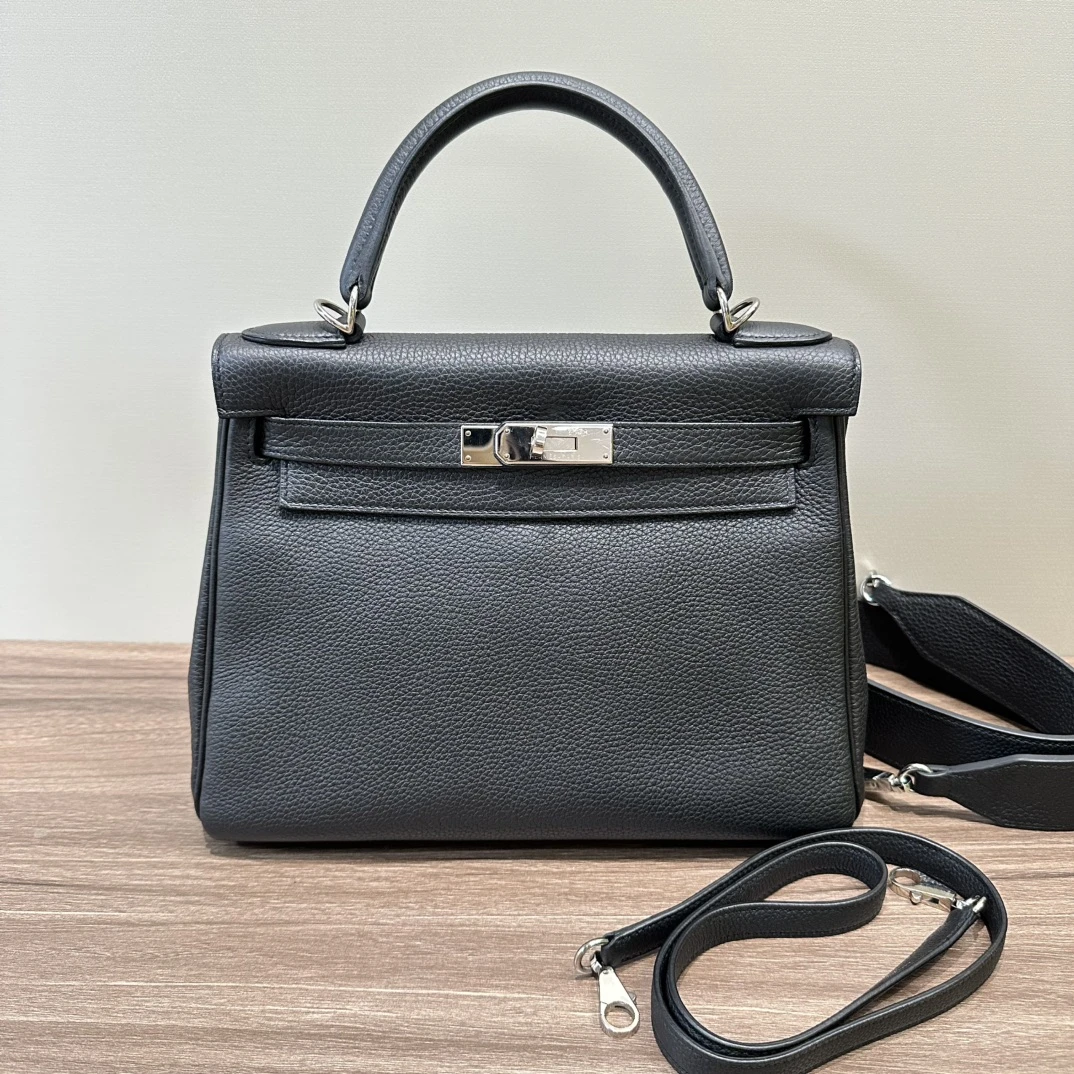 95新 Hermes/爱马仕 黑银kelly28手提单肩斜挎包 07687