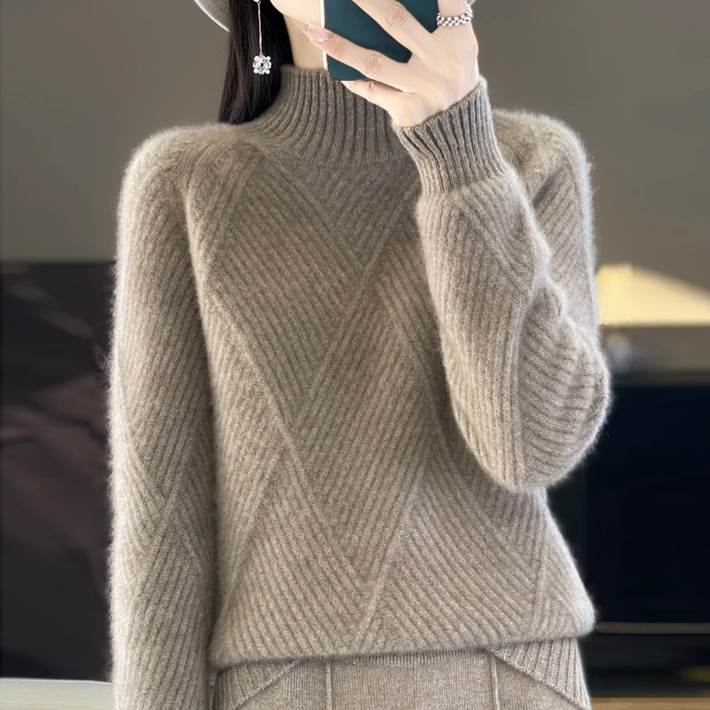 秋冬新款纯色菱形半高领女100%纯羊毛衫套头宽松毛衣百搭针织打底