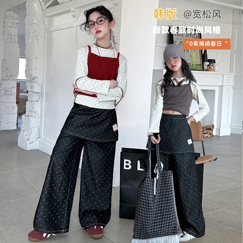 女大童春秋套装2025新款女孩洋气时髦打底衫时髦波点阔腿裤两件套