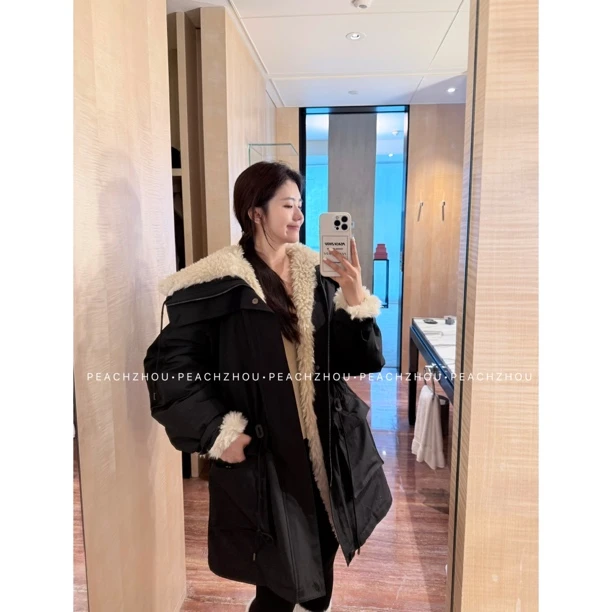 PEACHZHOU '非你莫属'毛毛大翻领系带收腰宽松中长款派克服外套