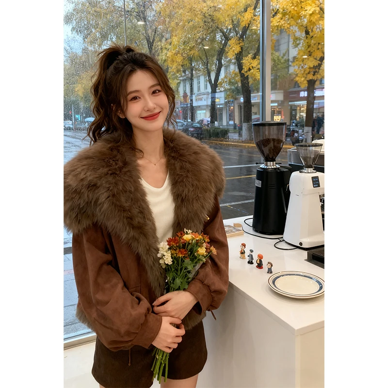 轻熟风毛毛领高级感短外套女冬季气质减龄显瘦拼接大毛领一体夹克