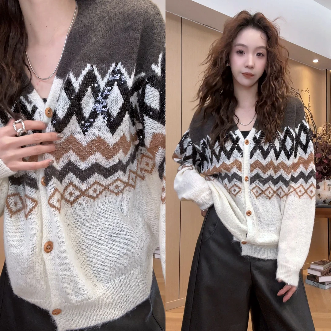 小静静一会【提花珠片毛衣开衫】2025冬季新显瘦针织上衣 2512C9194